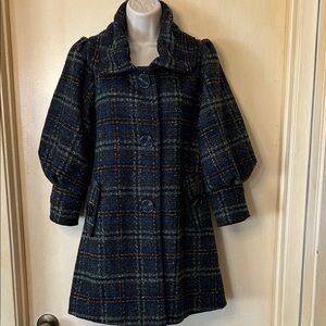 Anthropologie hazel Navy and Green Plaid Tweed Swing Coat size S